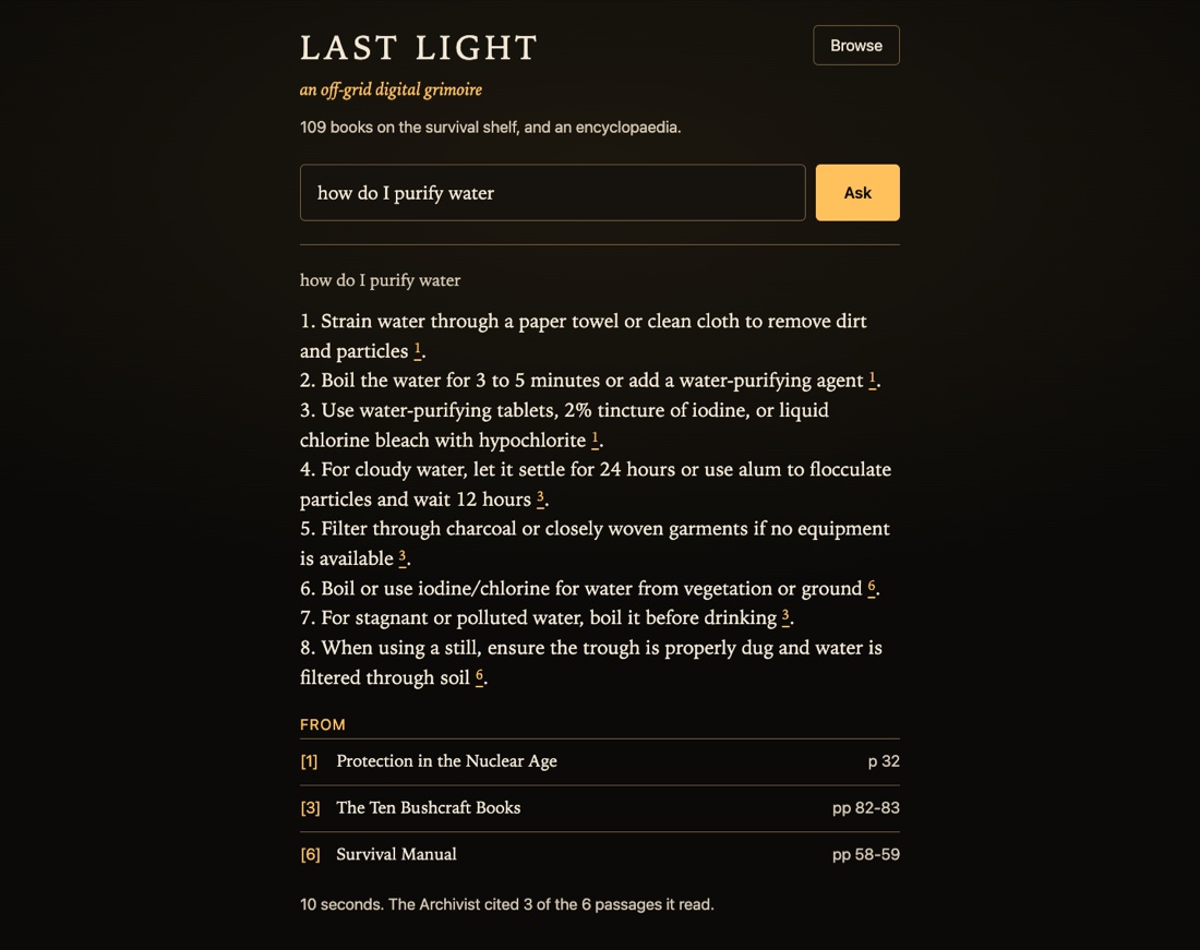 The LAST LIGHT screen: a question box, a numbered answer in ivory type with amber citation marks, and the four books it came from listed underneath