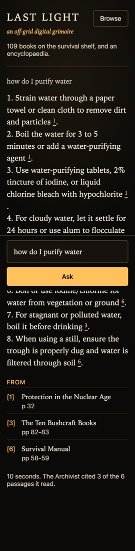 The same answer at phone width: the ask bar at the bottom under the thumb